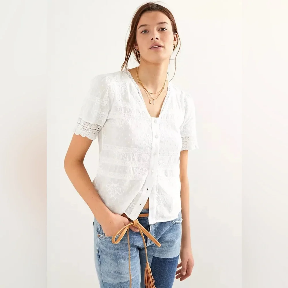 Anthropologie White Puff Sleeve Ruffled Blouse Sz‎ 10